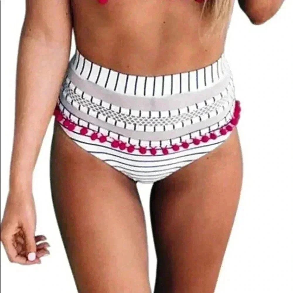 White Striped with Pink Pom Poms Swim Bottoms